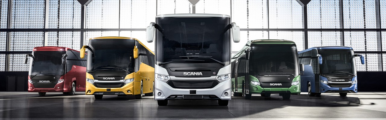 Product family image, buses and coaches.Scania Touring, Scania Interlink HD, Scania Interlink MD, Scania Interlink LD and Scania Citywide LE Hybrid.