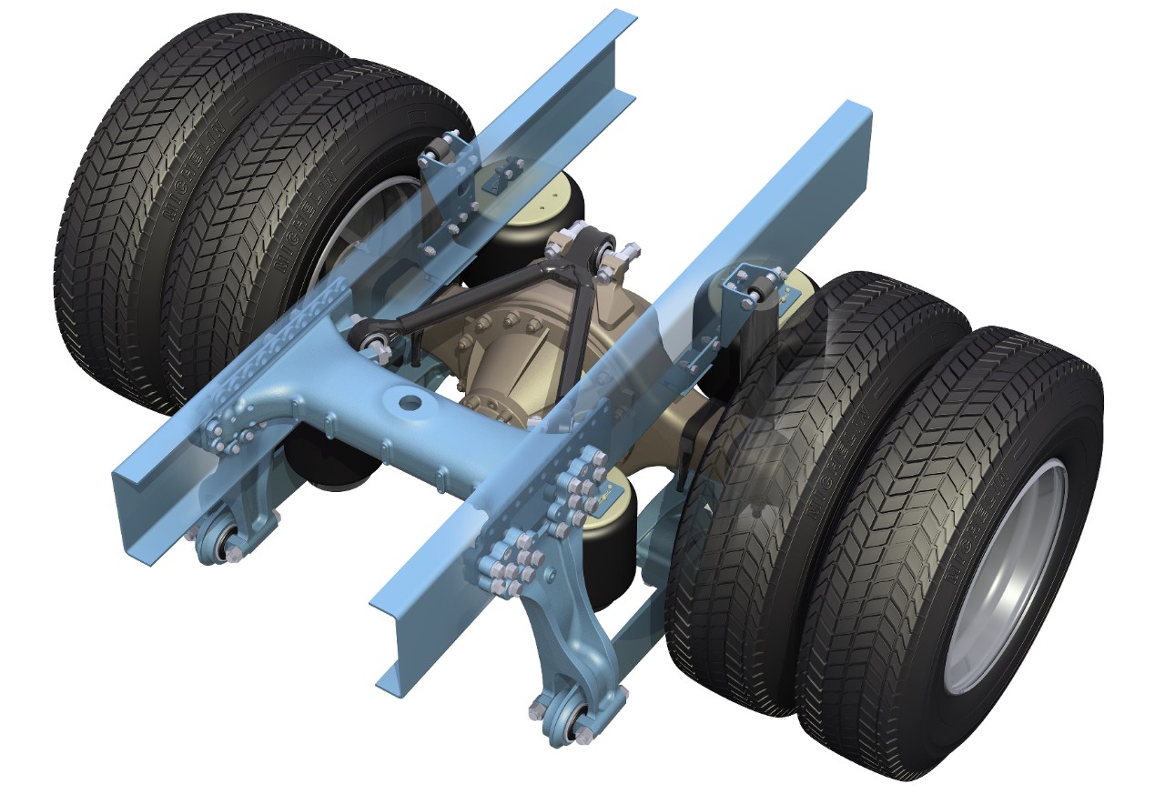 Scania chassis. New air suspended rear axle boogie.Illustration: Semcon Informatic Graphic Solutions 2003