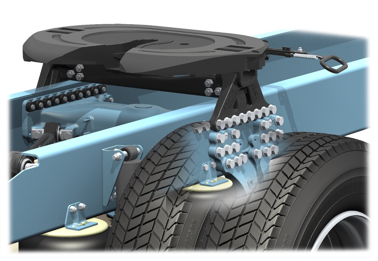 Scania chassis. Fifth wheel mounted on framt (CAD illustration)

Illustration: Semcon Informatic Graphic Solutions 2004